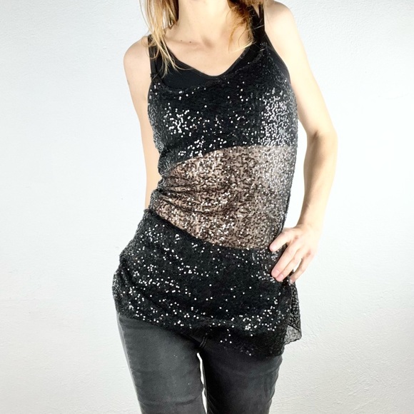 H.I.P. |🖤 Black Sparkly Sequins Sheer Long Spaghetti Strap Tank Top - Picture 3 of 12